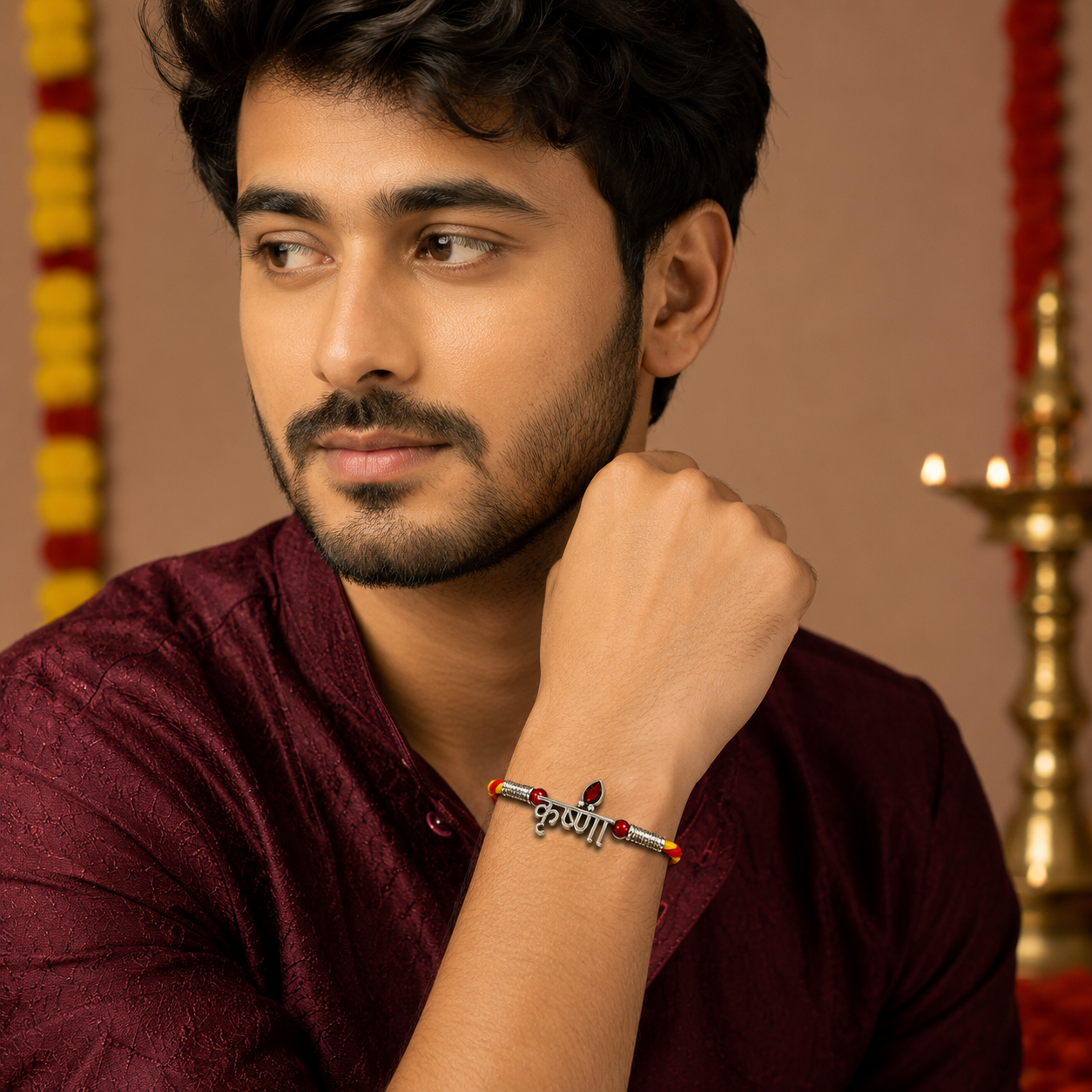 Pure Silver Krishna Text Rakhi with Red Gemstone for brother