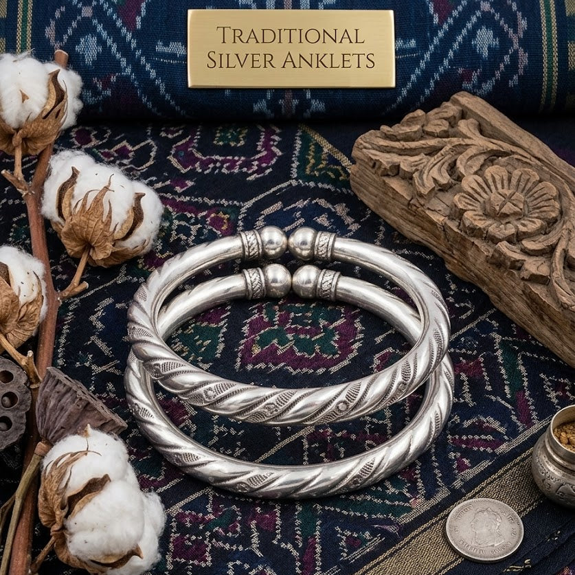 Riwaayat Kada Silver Anklet (Pair) | Twisted Rigid Payal