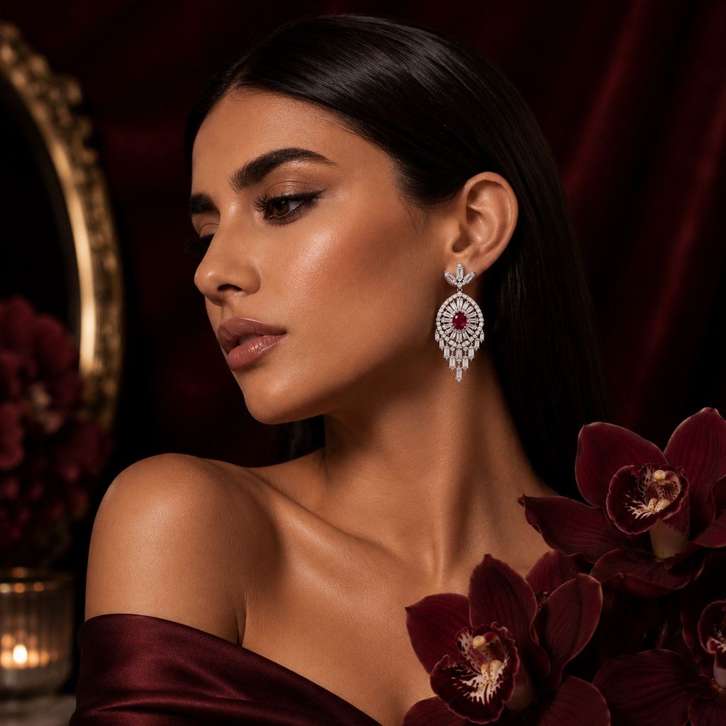 Ruby Royale Leaf Drop Earrings | 925 Sterling Silver