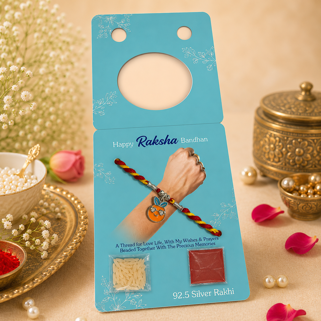 Pure 92.5 Silver Cool Orange Charm Rakhi – Cute Kids Rakhi