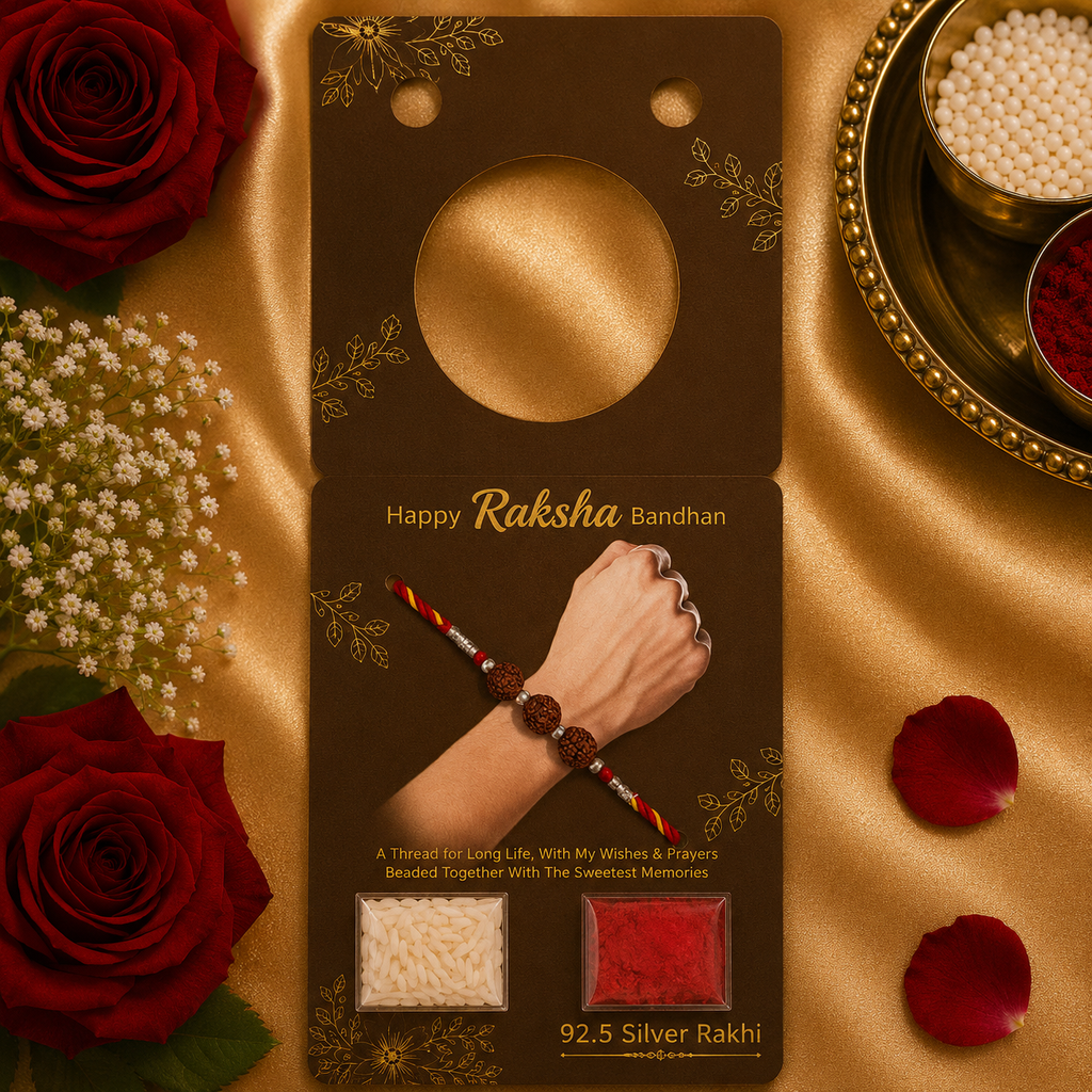 Designer Silver Three Rudraksha Bead Rakhi for Brother