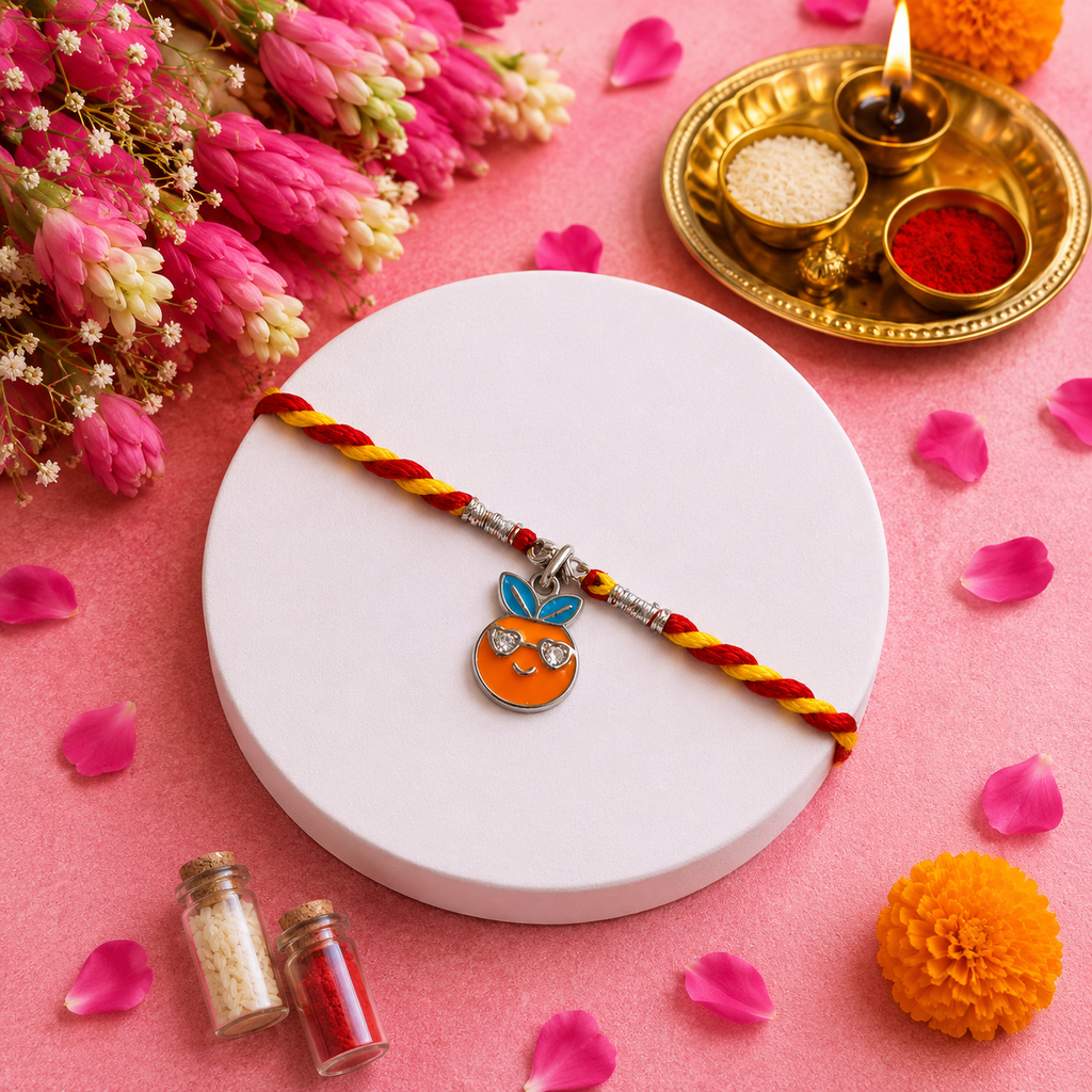 Pure 92.5 Silver Cool Orange Charm Rakhi – Cute Kids Rakhi