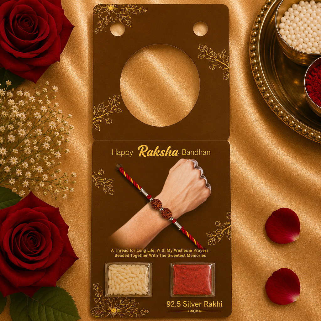 Designer Silver Twin Rudraksha Bead Rakhi for Brother – Premium Rakhi