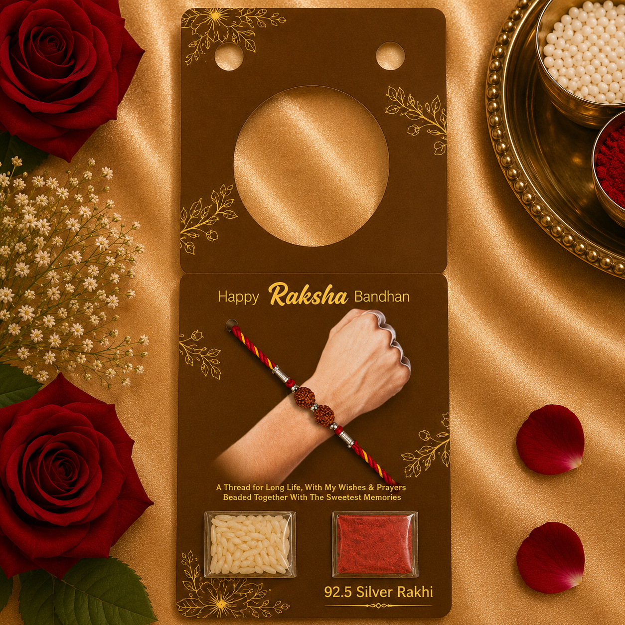 Designer Silver Twin Rudraksha Bead Rakhi for Brother – Premium Rakhi