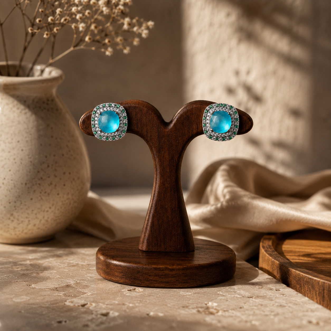 Aqua Celeste Cushion Halo Stud Earrings | 925 Sterling Silver