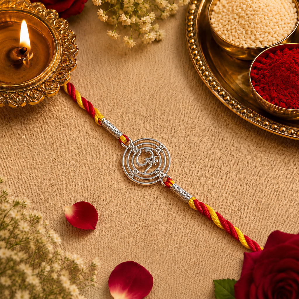 Designer Circular Silver Om Dial Rakhi for Brother