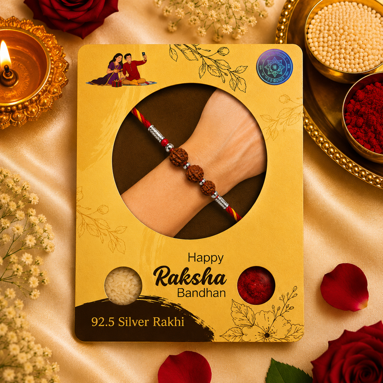 Designer Silver Three Rudraksha Bead Rakhi for Brother