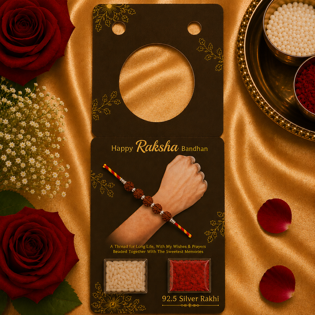 Designer Silver Five Rudraksha Bead Bracelet Rakhi for Brother