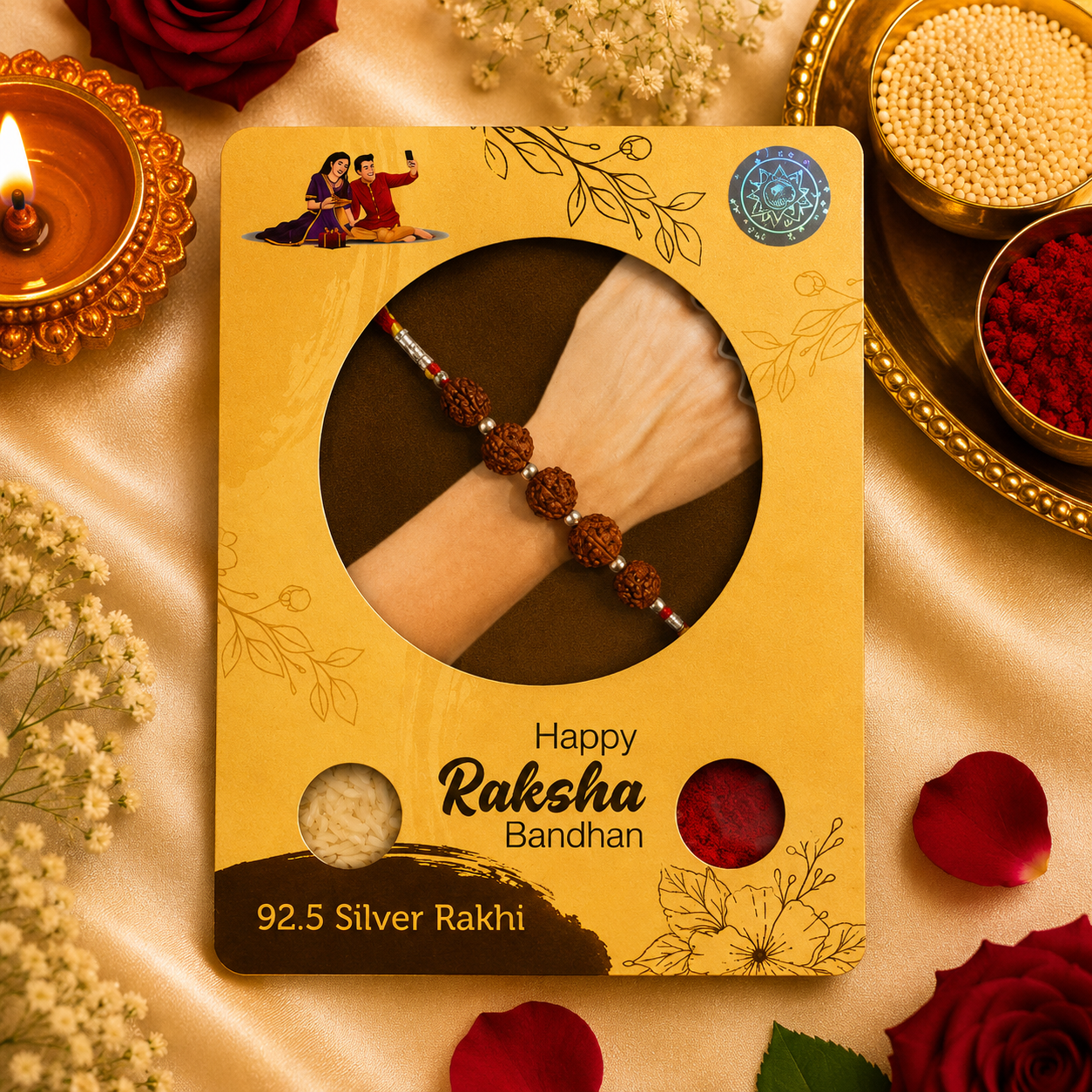 Designer Silver Five Rudraksha Bead Bracelet Rakhi for Brother