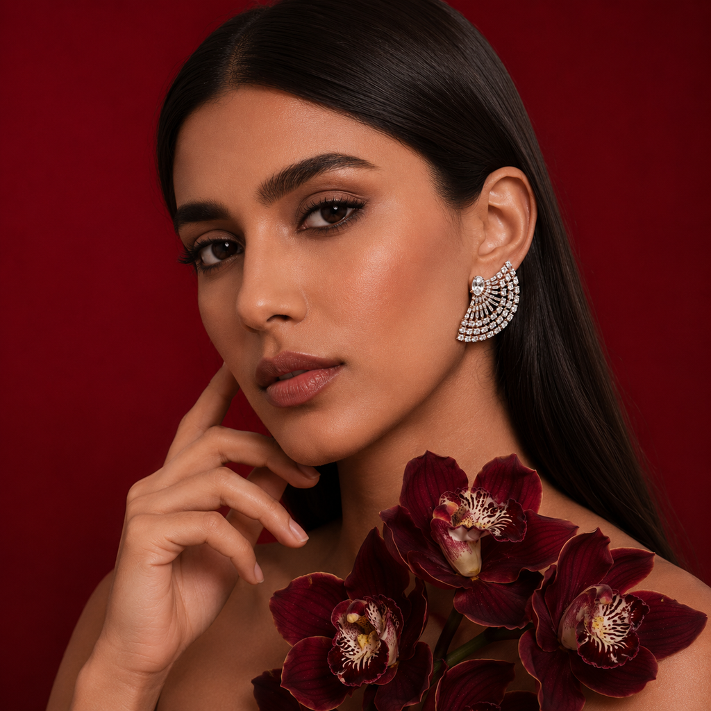 Regal Radiance Fan Stud Earrings in 925 Silver