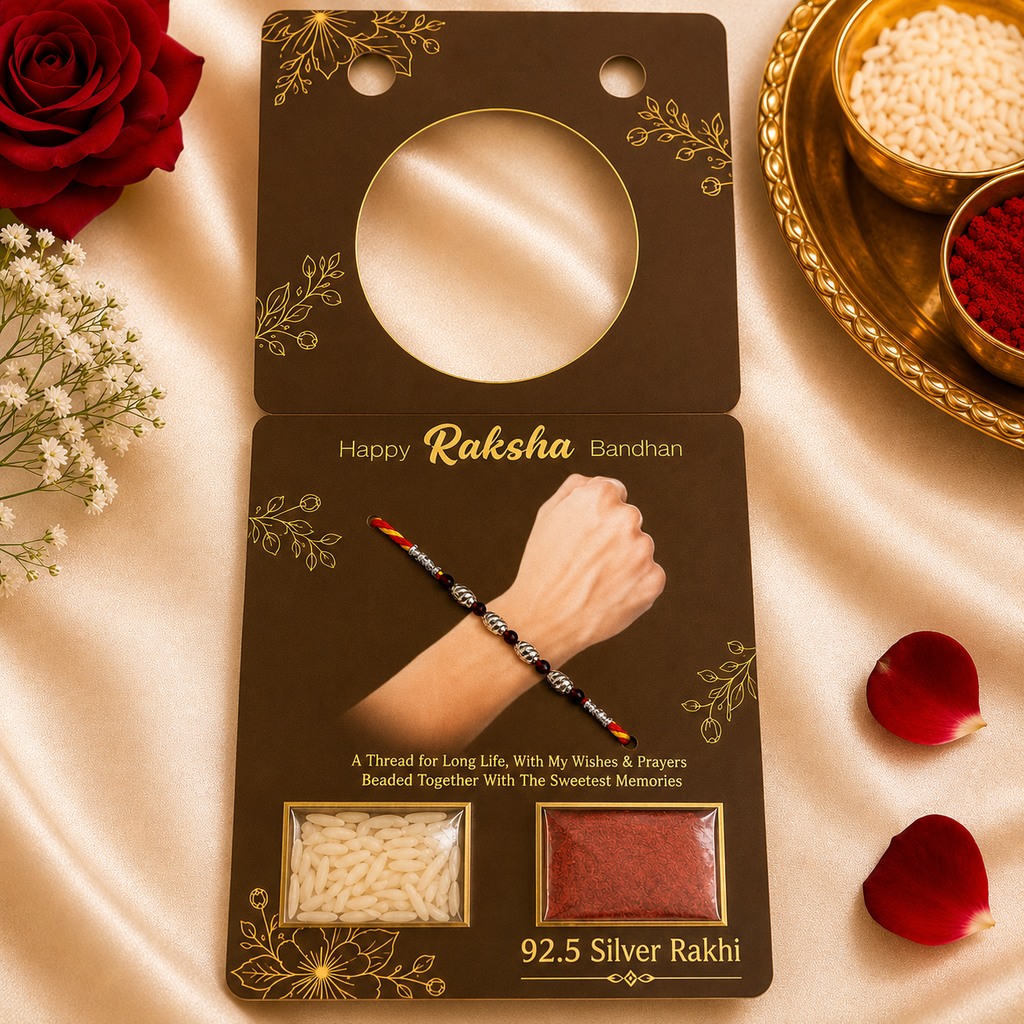 Premium Silver Bead & Red Gemstone Rakhi for Brother