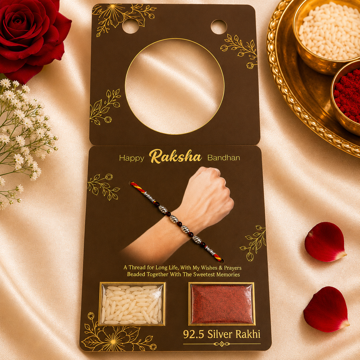 Premium Silver Bead & Red Gemstone Rakhi for Brother