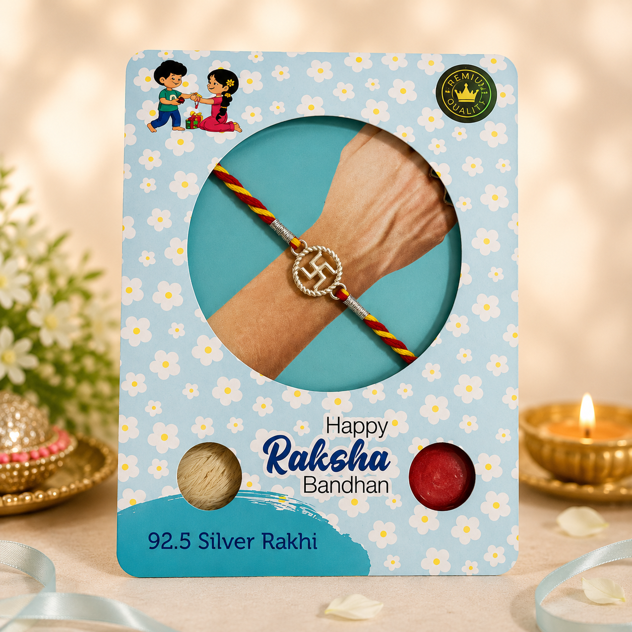 Pure 92.5 Silver Swastik Dial Rakhi for Brother – Designer Rakhi