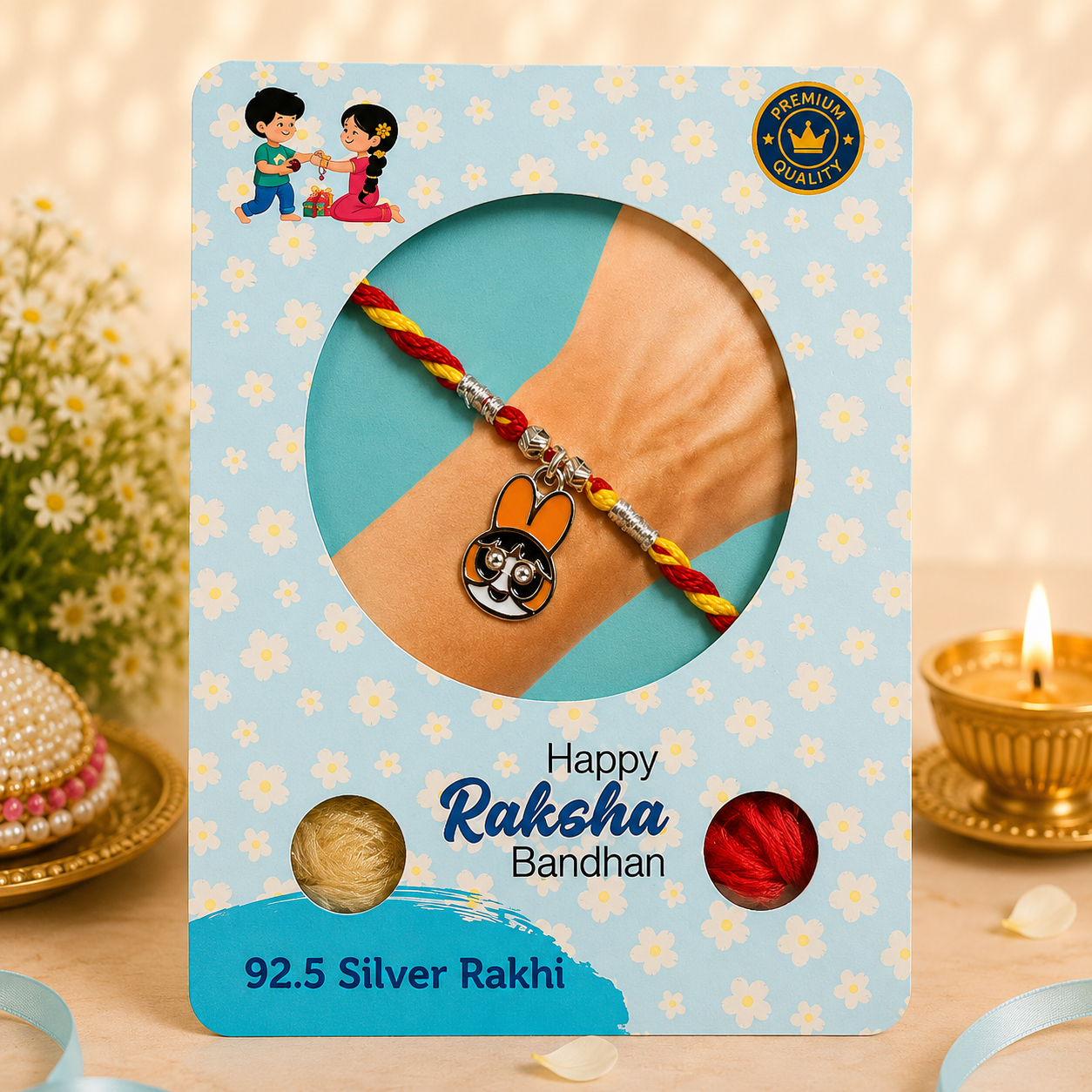 Pure 92.5 Silver Powerpuff Blossom Charm Rakhi – Cute Kids Rakhi