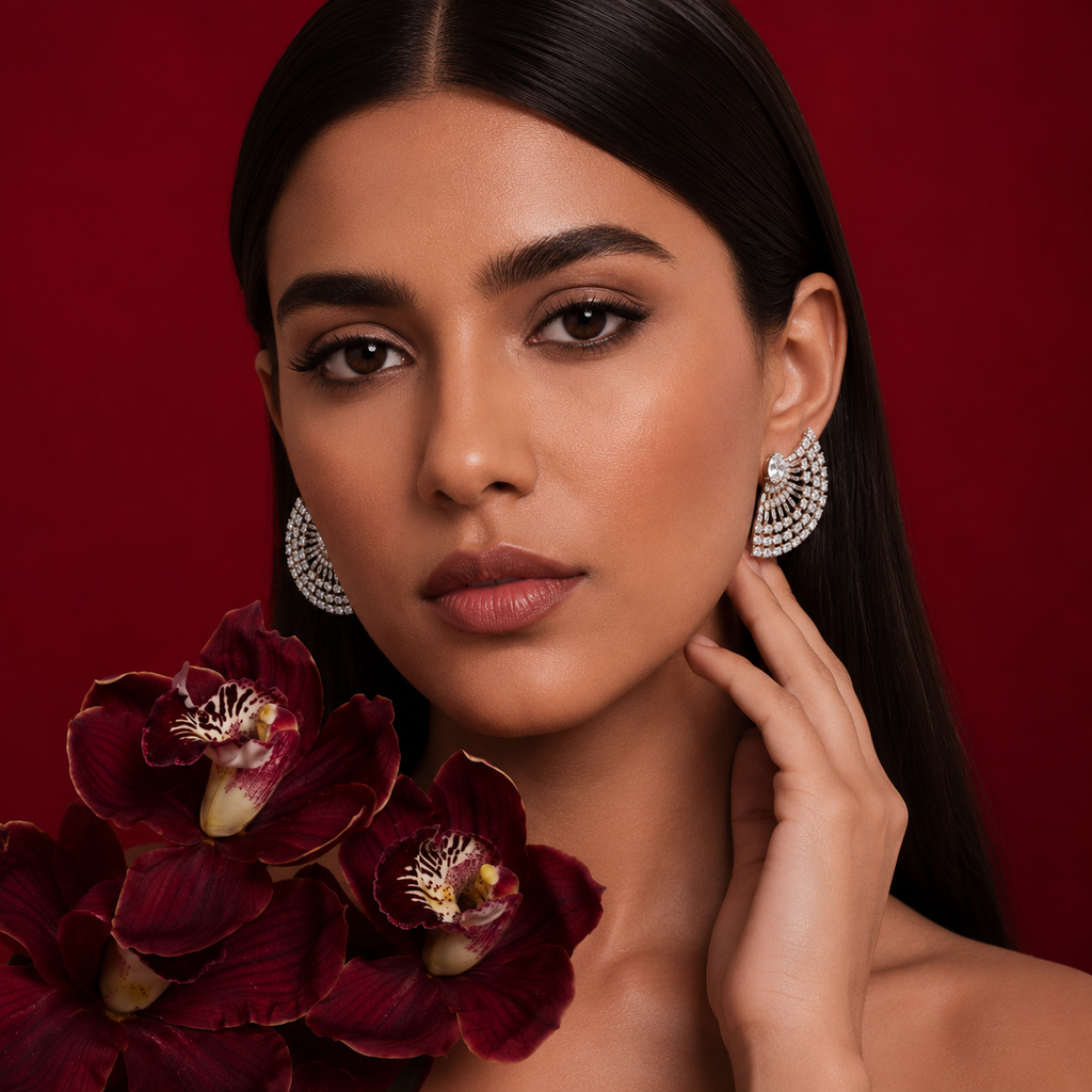Regal Radiance Fan Stud Earrings in 925 Silver