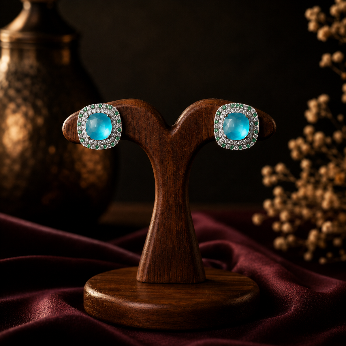 Aqua Celeste Cushion Halo Stud Earrings | 925 Sterling Silver