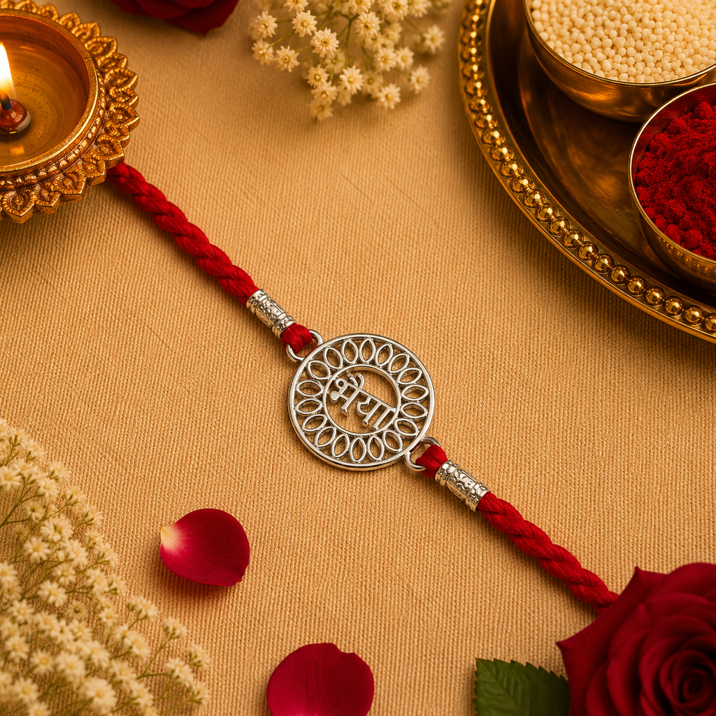 Designer Devanagari Bhaiya Mandala Silver Rakhi for Brother