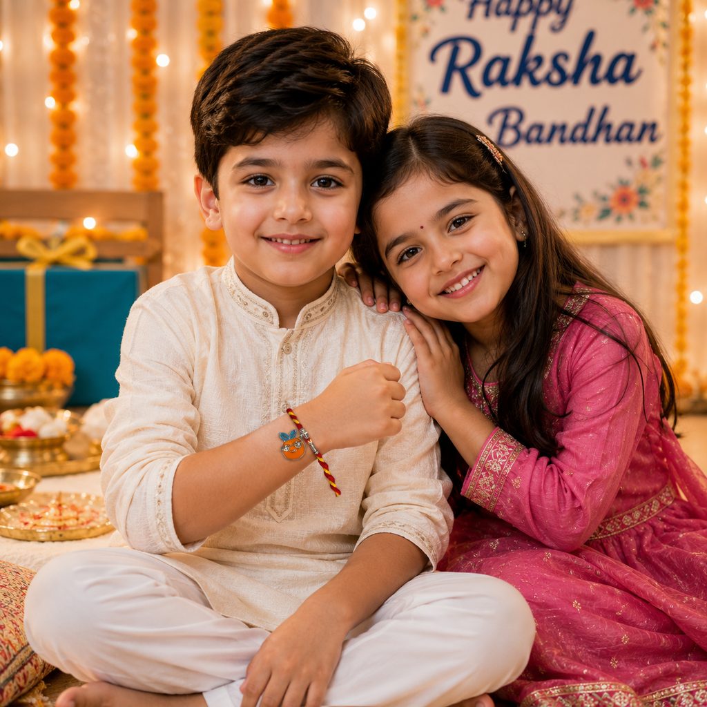 Pure 92.5 Silver Cool Orange Charm Rakhi – Cute Kids Rakhi