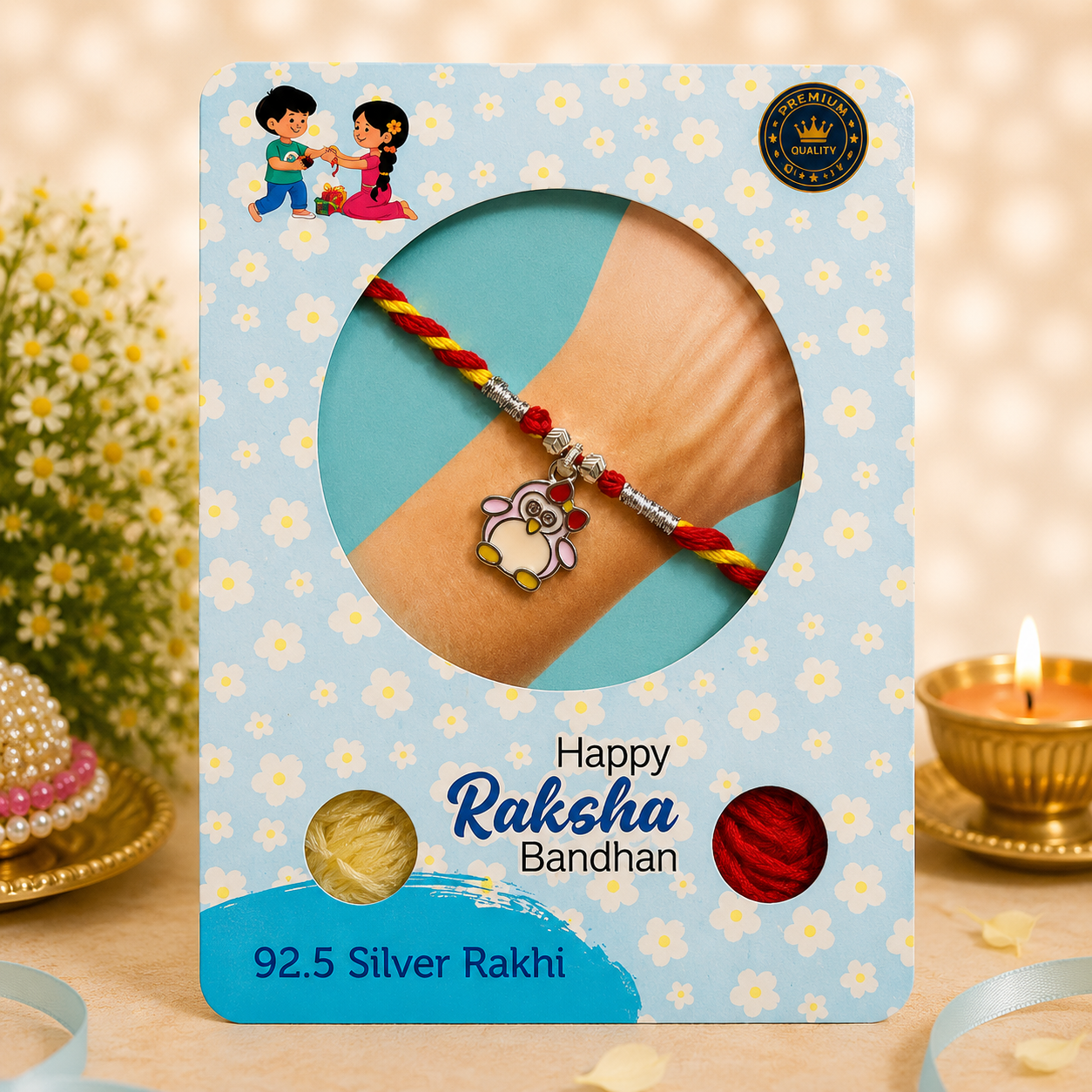 Pure 92.5 Silver Lavender Penguin Charm Rakhi – Cute Kids Rakhi
