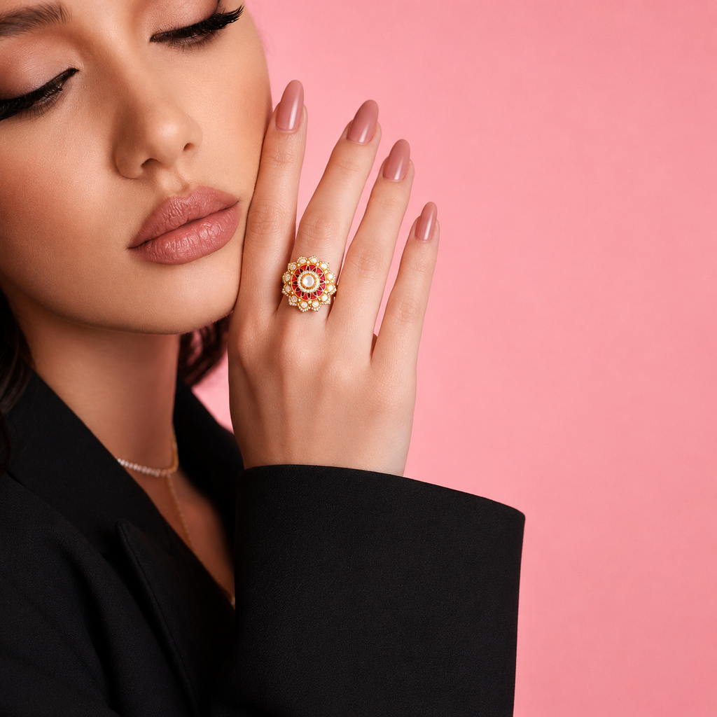 Heer Moti Moissanite Polki Ring (18kt Gold Plated)
