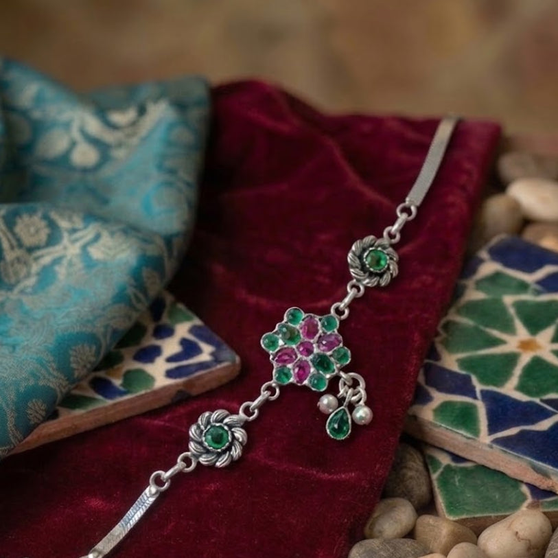 Gulbahar Floral Silver Anklet (Pair) | Ruby & Emerald Stone Payal