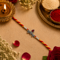 Pure Silver Krishna Text Rakhi with Red Gemstone for brother