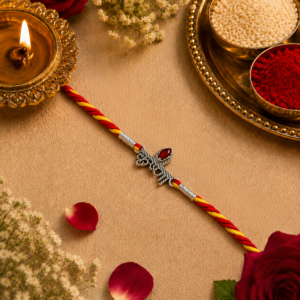 Pure Silver Krishna Text Rakhi with Red Gemstone for brother