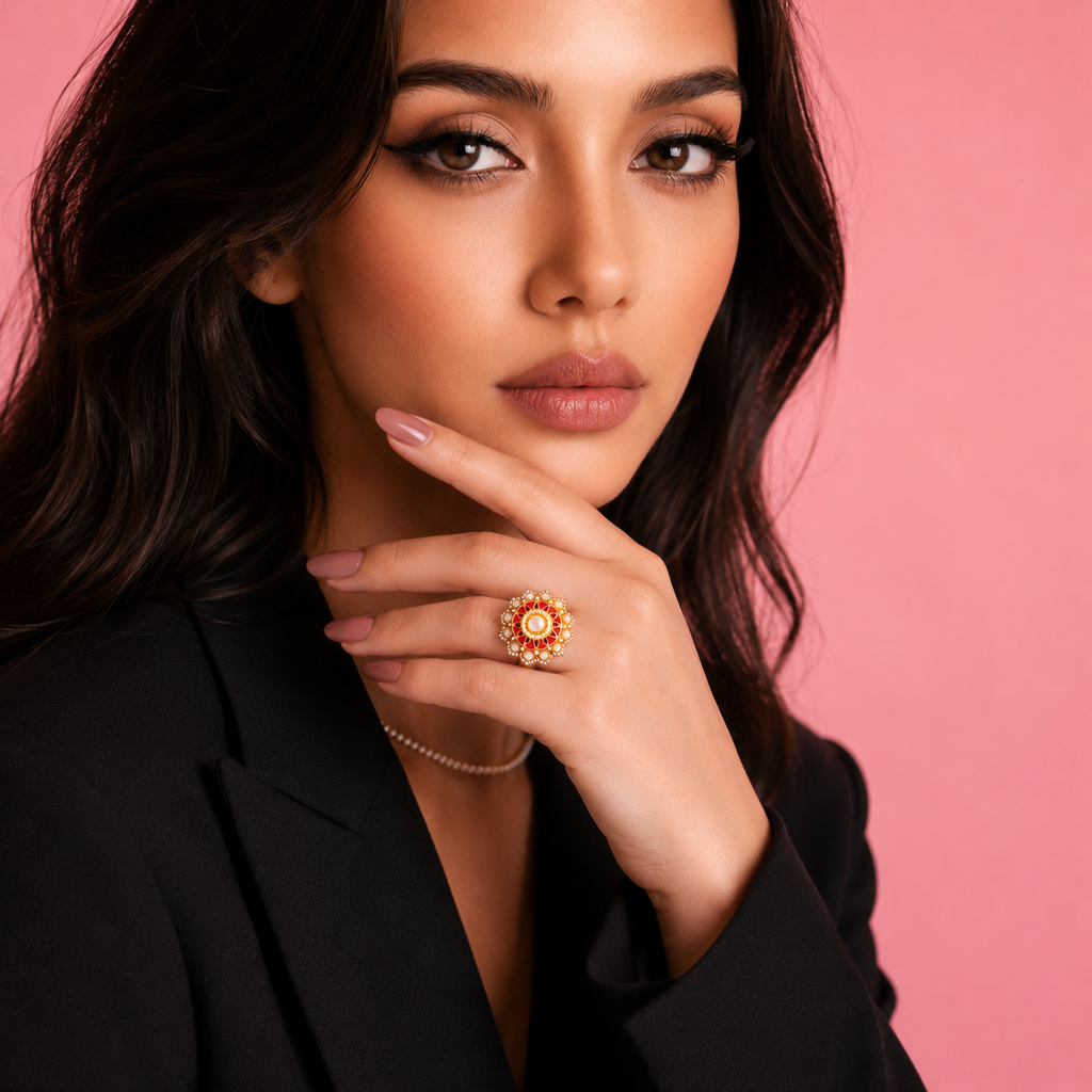 Heer Moti Moissanite Polki Ring (18kt Gold Plated)