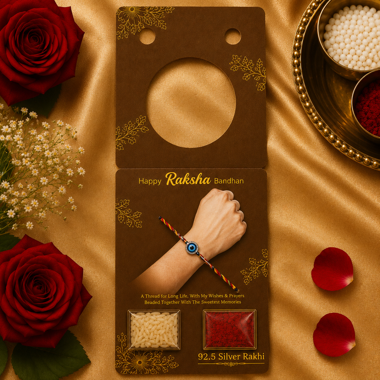 Designer Silver Textured Tube Evil Eye Rakhi for Brother