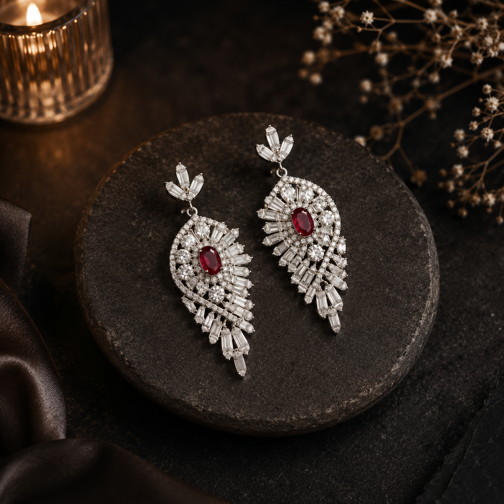 Ruby Royale Leaf Drop Earrings | 925 Sterling Silver