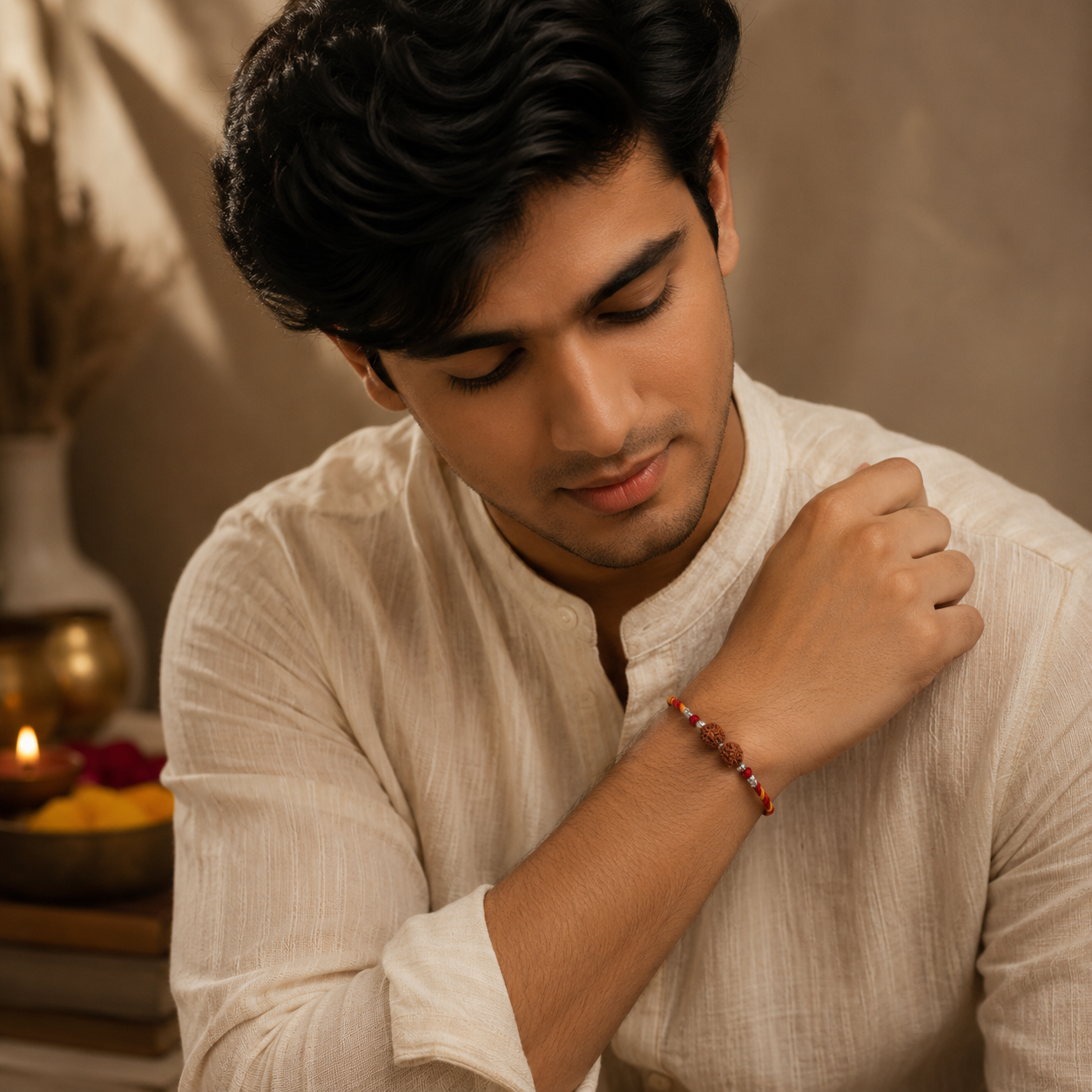 Designer Silver Twin Rudraksha Bead Rakhi for Brother – Premium Rakhi
