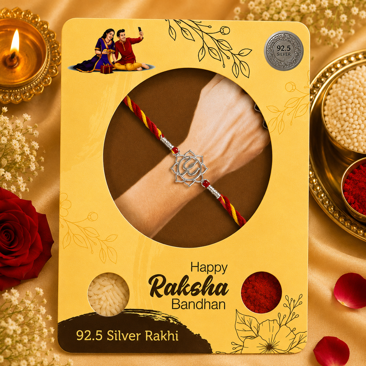 Designer Silver Trishul Mandala Dial Rakhi for Brother
