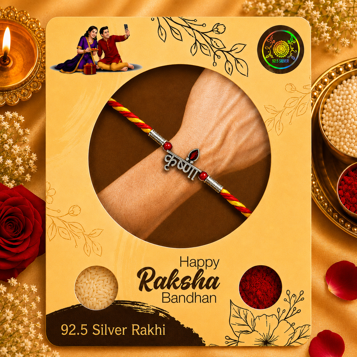 Pure Silver Krishna Text Rakhi with Red Gemstone for brother