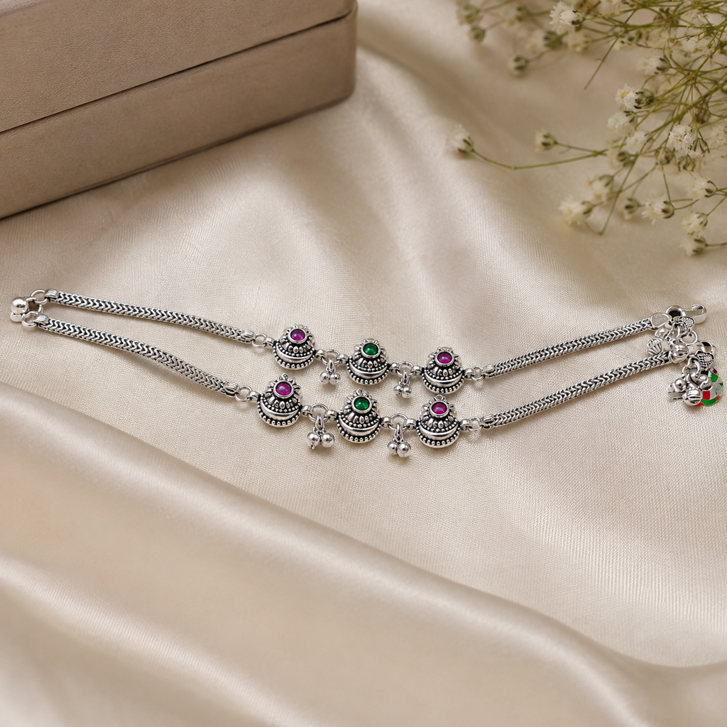 Rajwadi Charm Silver Anklet | Dual Tone Stone Payal