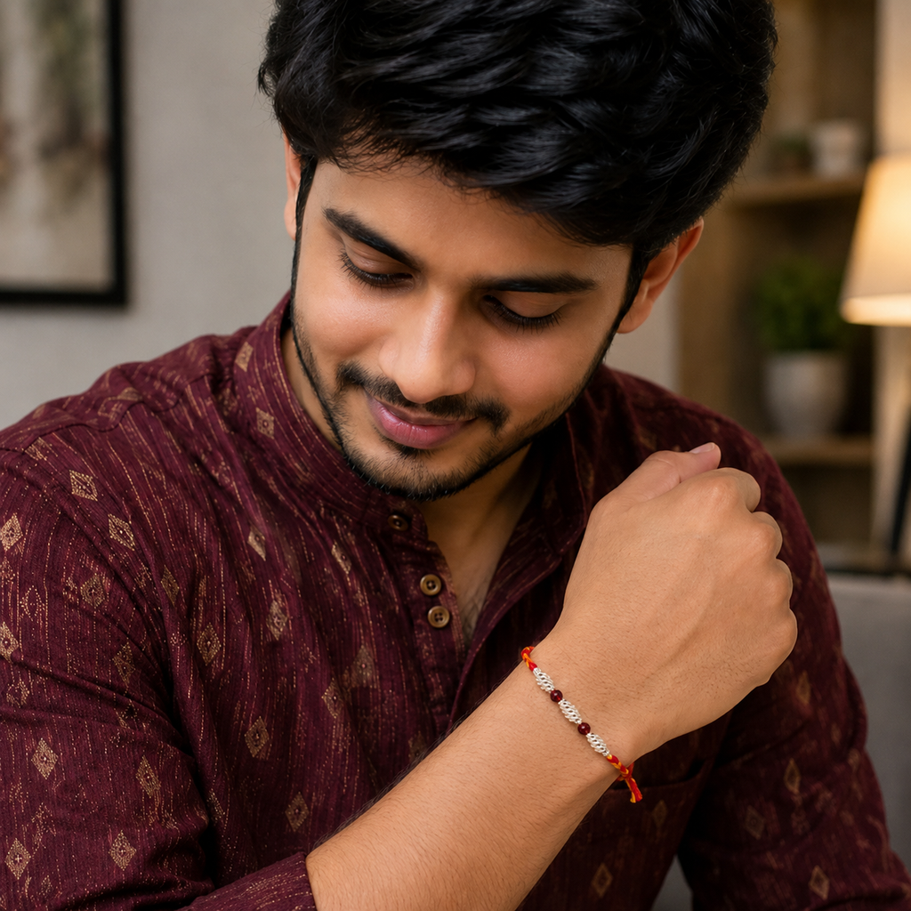 Premium Silver Bead & Red Gemstone Rakhi for Brother