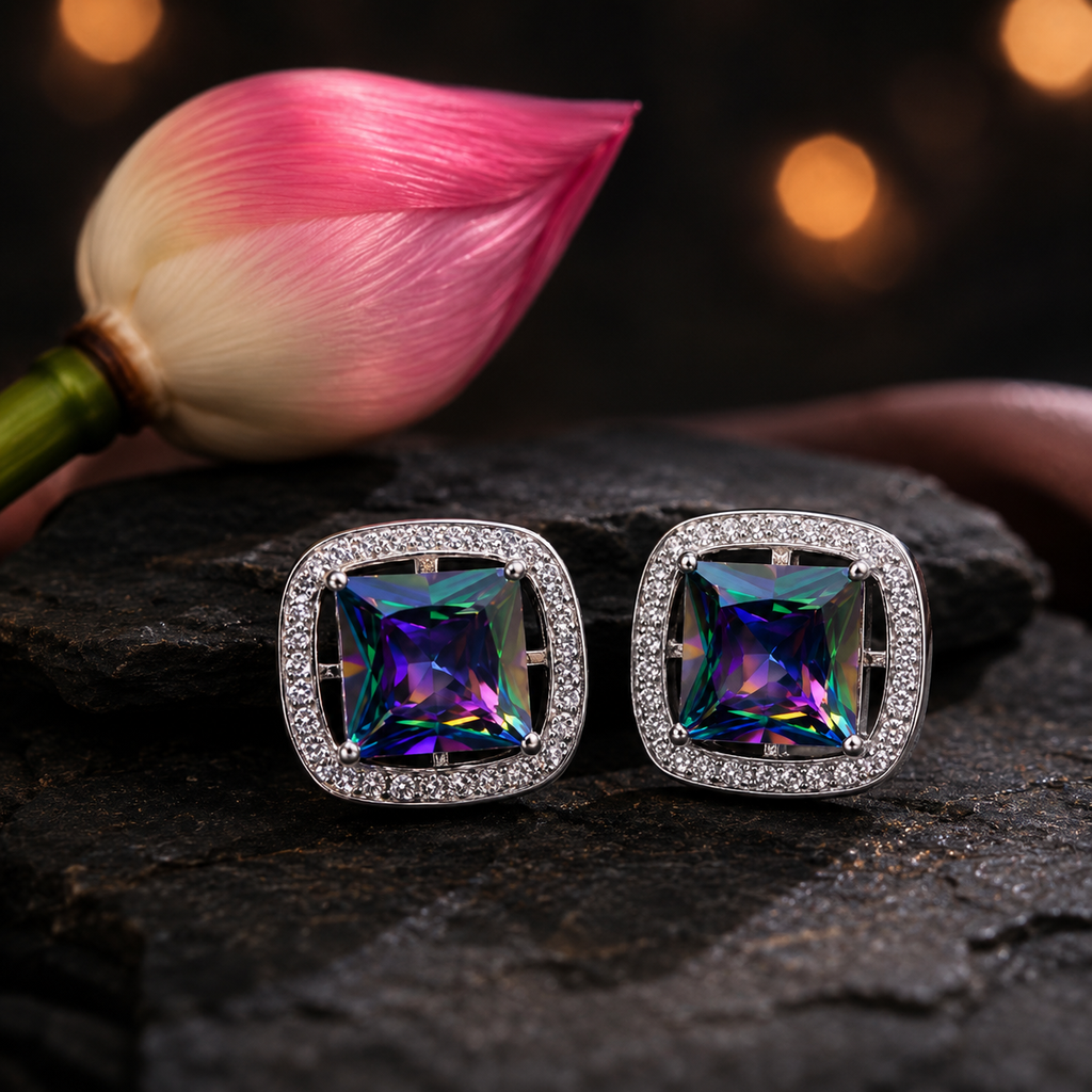 Rainbow Prism Square Stud Earrings in 925 Silver