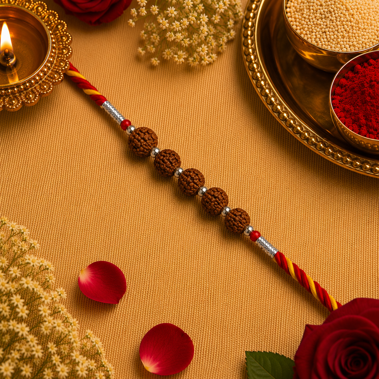Designer Silver Five Rudraksha Bead Bracelet Rakhi for Brother