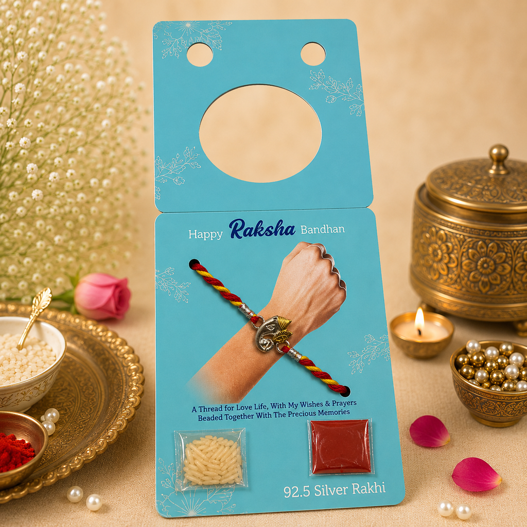 Pure 92.5 Silver Gold-Plated Vinayaka Rakhi for Brother – Designer Rakhi