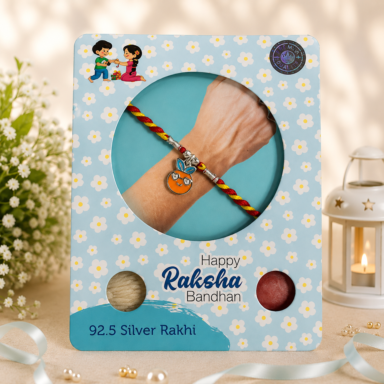 Pure 92.5 Silver Cool Orange Charm Rakhi – Cute Kids Rakhi