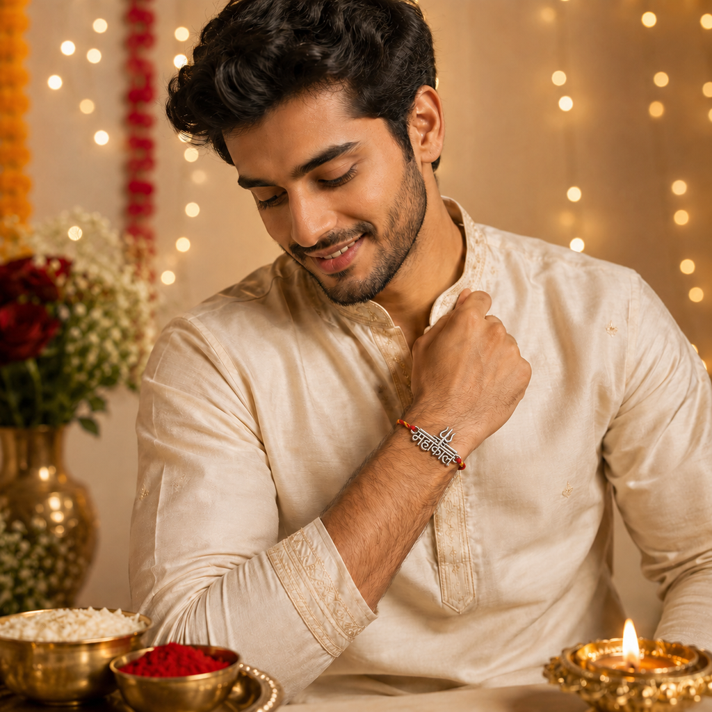 Pure Silver Devanagari Mahakal Text Rakhi for Brother