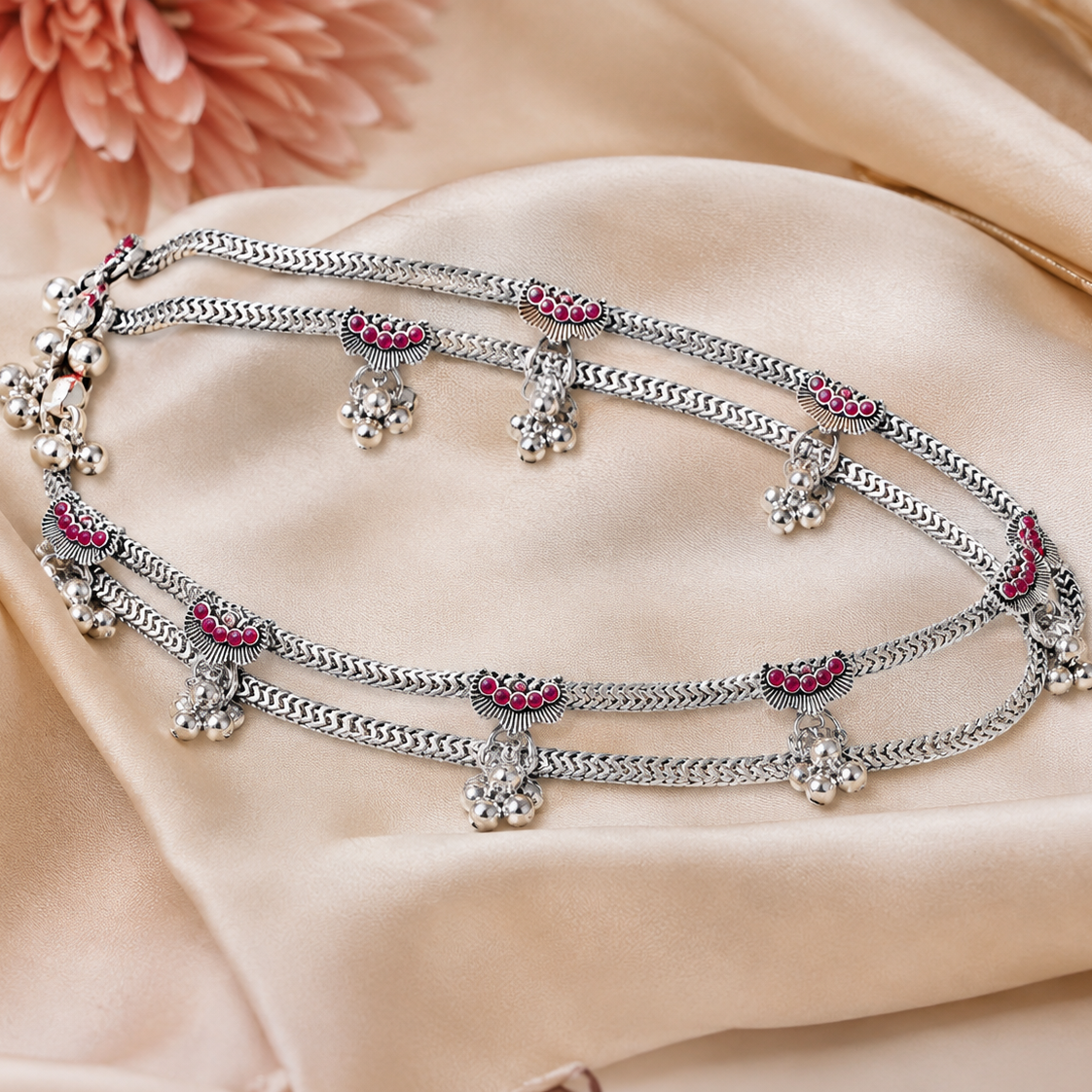 Rubina Silver Ghungroo Anklet Ruby Stone Payal