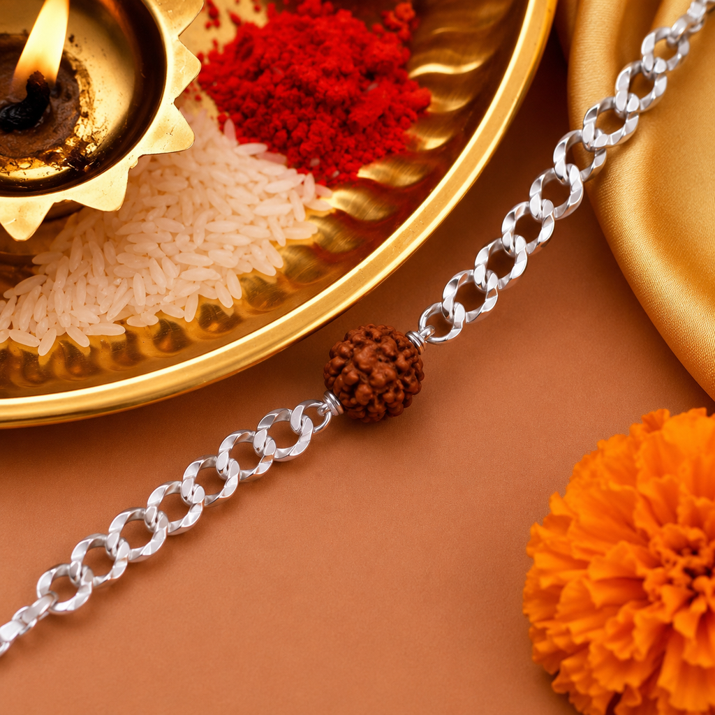 Pure 92.5 Silver Rudraksha Bracelet Rakhi for Brother