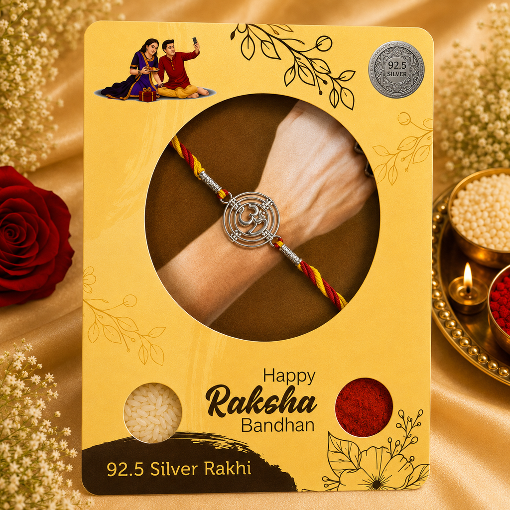 Designer Circular Silver Om Dial Rakhi for Brother