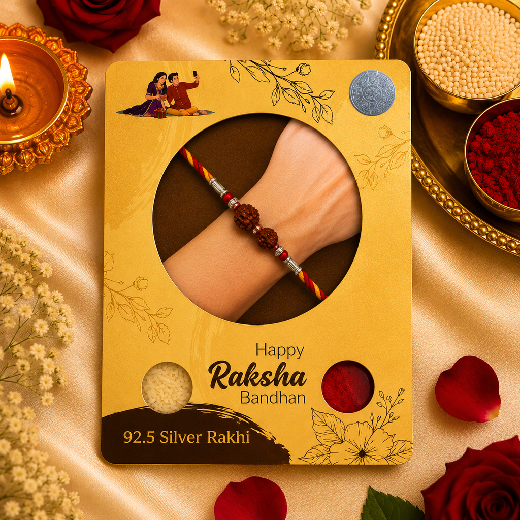 Designer Silver Twin Rudraksha Bead Rakhi for Brother – Premium Rakhi