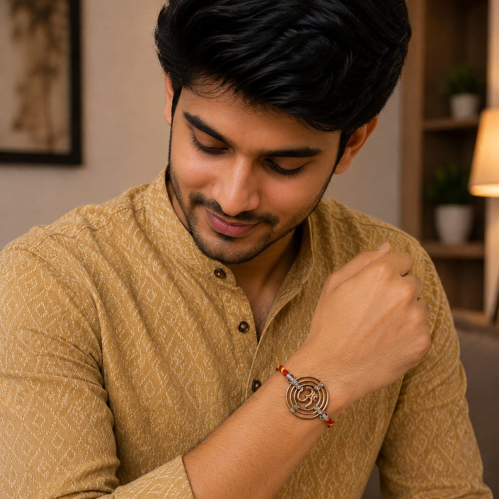Designer Circular Silver Om Dial Rakhi for Brother
