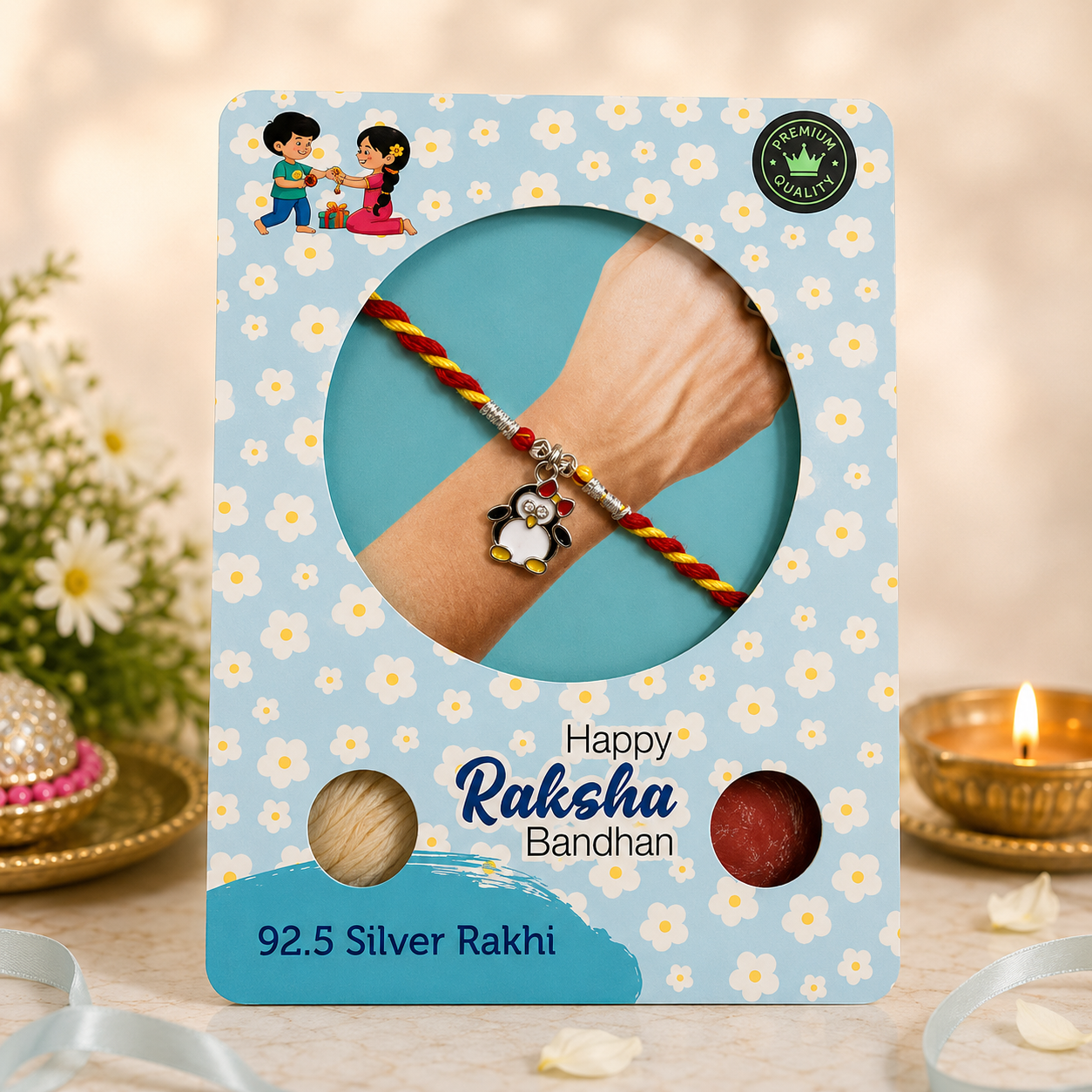Pure 92.5 Silver Penguin Charm Rakhi – Cute Kids Rakhi