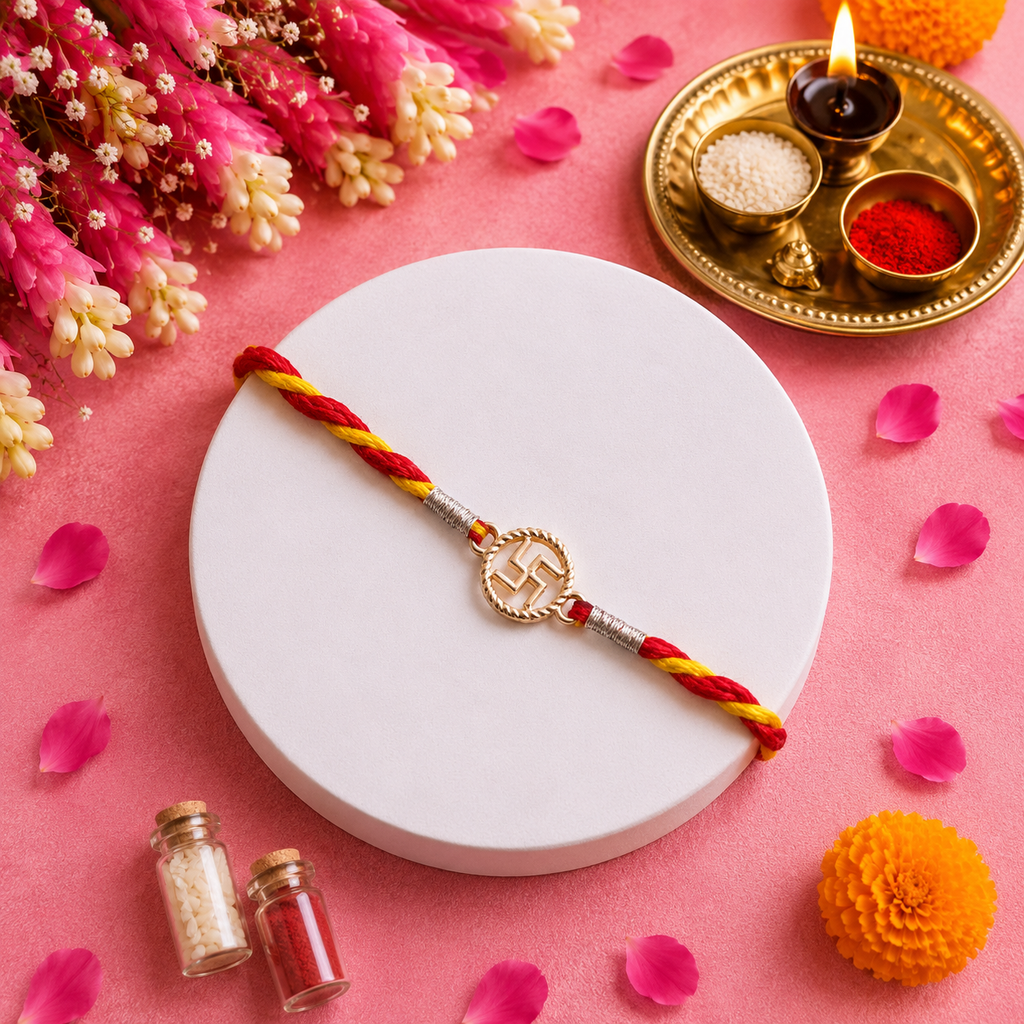 Pure 92.5 Silver Swastik Dial Rakhi for Brother – Designer Rakhi