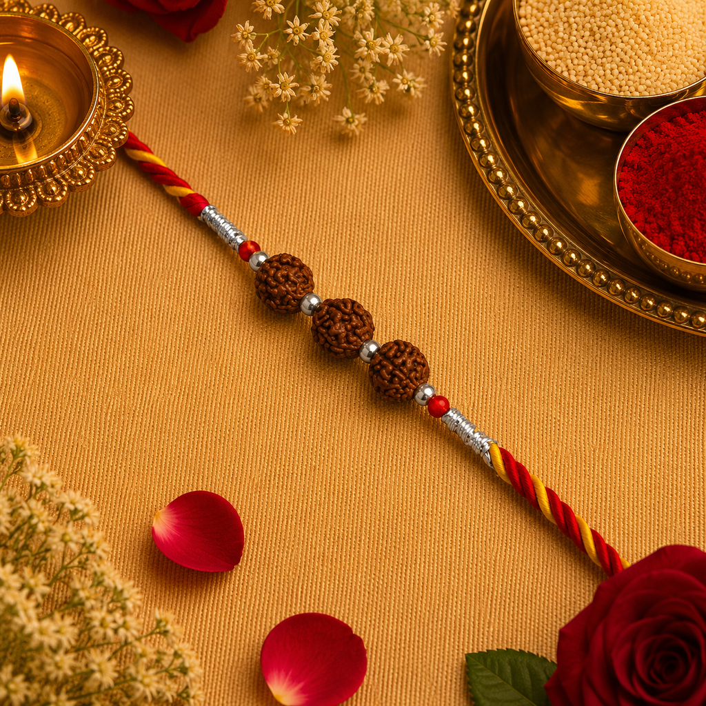 Designer Silver Three Rudraksha Bead Rakhi for Brother