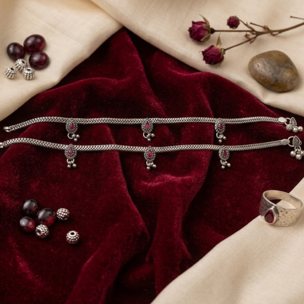 Ruhani Chand Drop Silver Anklet | Teardrop Ruby Payal