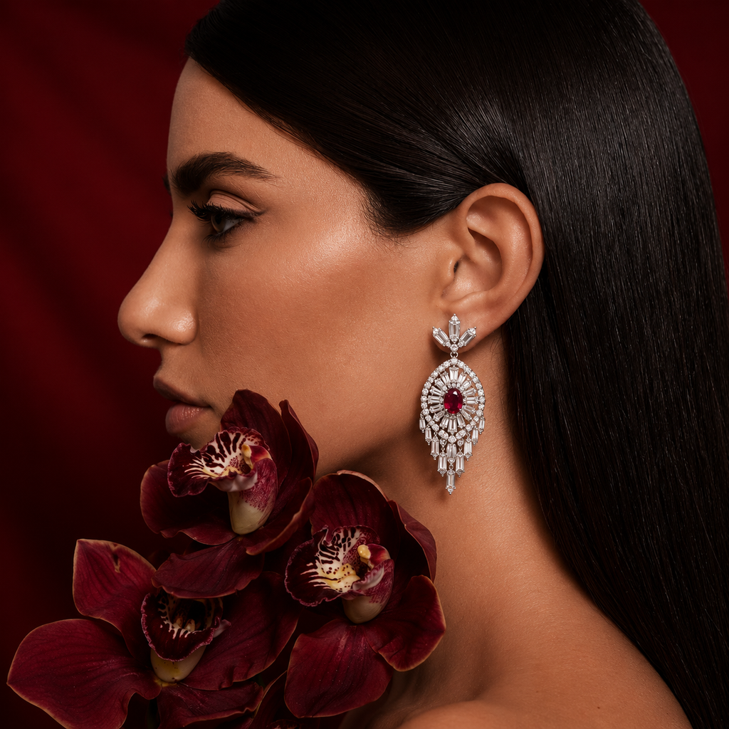 Ruby Royale Leaf Drop Earrings | 925 Sterling Silver